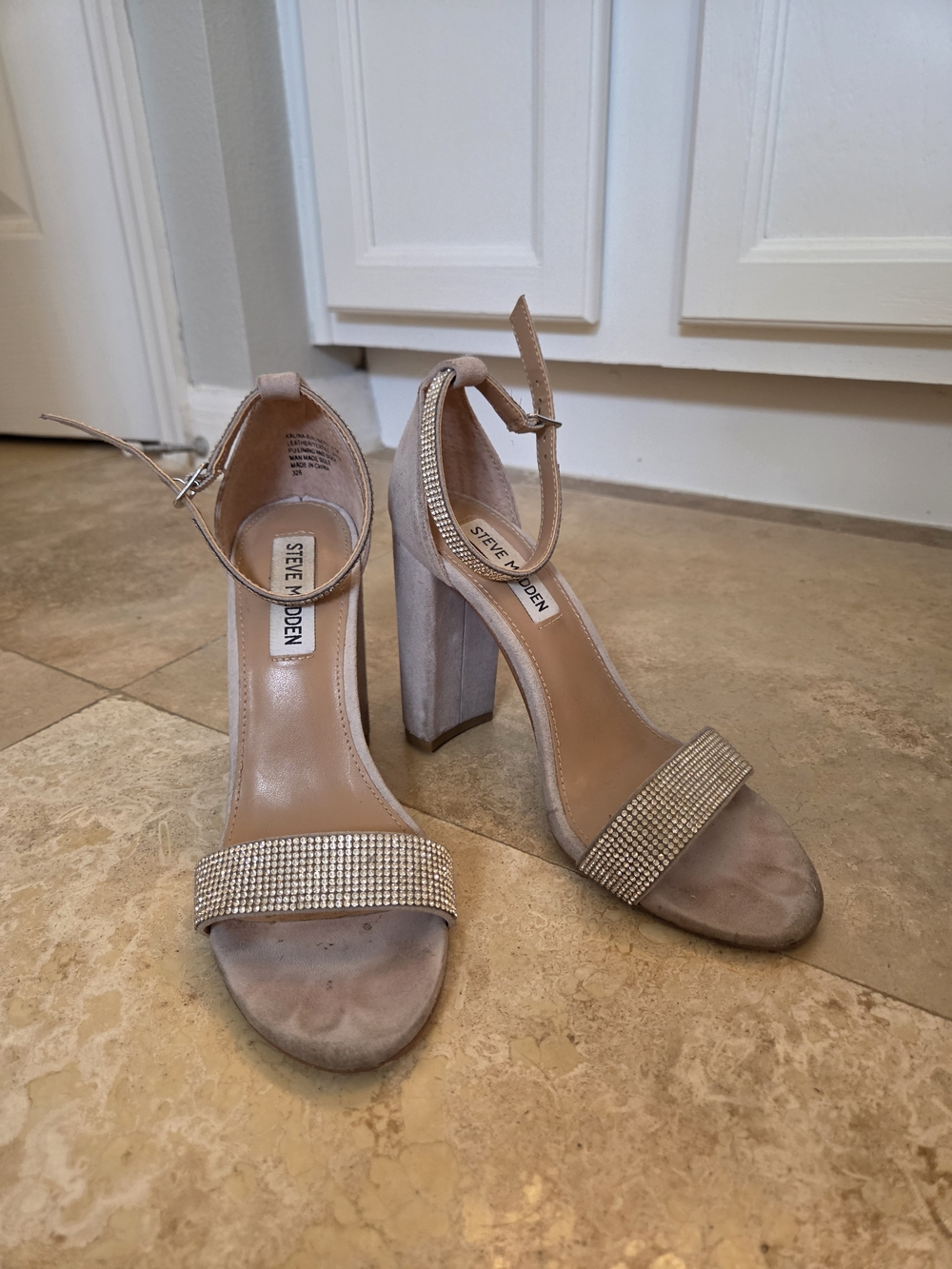 Steve Madden Taupe Suede Block Heel Sandals with Rhinestone Strap